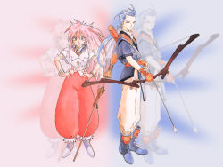 Rule 34 | 1990s (style), 1boy, 1girl, arche klein, arrow (projectile), belt, blue background, blue eyes, blue hair, bow (weapon), broom, chester burklight, elbow gloves, fingerless gloves, fujishima kousuke, gloves, long hair, official art, pants, pink background, pink eyes, pink hair, pink pants, ponytail, scarf, tales of (series), tales of phantasia, weapon, wide ponytail, zoom layer