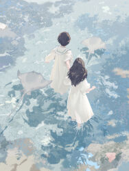 Rule 34 | 1boy, 1girl, black hair, day, dress, facing away, fish, from above, highres, holding hands, ice (805482263), long hair, original, partially submerged, reflection, reflective water, ripples, rock, sailor collar, short hair, standing, water, white dress