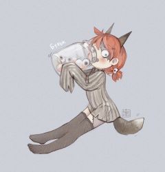 Rule 34 | 1girl, animal ears, artist name, black eyes, commentary request, fairyapple, full body, long sleeves, looking at viewer, monster girl, open mouth, orange hair, original, russian commentary, short hair, simple background, sitting, solo, stitches, tail, thighhighs, werewolf, zombie