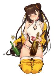 Rule 34 | 1girl, black survival, bottle, braid, brown eyes, brown hair, chinese clothes, clothes pull, double bun, groin, hair bun, head tilt, holding, jacket, k52, kneeling, li dailin, long hair, looking at viewer, off shoulder, open clothes, open jacket, panties, pants, pants pull, seiza, simple background, sitting, solo, underwear, white background, white panties, yellow jacket, yellow pants