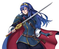 Rule 34 | 1girl, absurdres, belt, black pants, blue cape, blue dress, blue gloves, blue hair, brown belt, cape, commentary, commission, dress, english commentary, falchion (fire emblem), fingerless gloves, fire emblem, fire emblem awakening, flat chest, floating hair, frown, gloves, highres, holding, holding sword, holding weapon, long hair, looking to the side, lucina (fire emblem), nintendo, pants, pink lips, red cape, simple background, solo, sword, transparent background, two-tone cape, vedtom, weapon