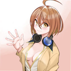 Rule 34 | 1girl, absurdres, ahoge, assault lily, blush, breasts, brown cardigan, brown hair, cardigan, closed mouth, collarbone, commentary request, crossed bangs, fingernails, gradient background, hair between eyes, hand up, headphones, headphones around neck, highres, kawamura yuzuriha, long sleeves, looking at viewer, medium breasts, no bra, open hand, partially unbuttoned, red background, sasaki33916, shirt, short hair, smile, solo, upper body, white background, white shirt, yellow eyes