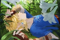 Rule 34 | 1boy, blonde hair, blue tunic, closed eyes, earrings, eyelashes, fingerless gloves, flower, from side, gloves, grass, hand on own head, jewelry, lily (flower), link, lying, male focus, nintendo, nomeringo, on back, signature, solo, the legend of zelda, the legend of zelda: breath of the wild, tunic, upper body