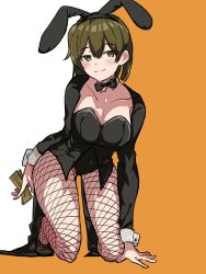 Rule 34 | 1girl, alternate costume, animal ears, black bow, black bowtie, black jacket, blush, bow, bowtie, breasts, brown hair, cleavage, collarbone, detached collar, fake animal ears, fujisaki (si da), full body, highres, hiryuu (kancolle), holding, holding money, jacket, kantai collection, kneeling, large breasts, leotard, looking at viewer, money, pantyhose, playboy bunny, rabbit ears, short hair, solo, two-tone background