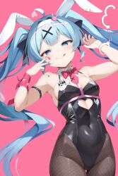 Rule 34 | 1girl, :q, absurdres, ahoge, animal ears, arm strap, black leotard, blue eyes, blue hair, bow, bowtie, brown pantyhose, clothing cutout, collarbone, commentary request, covered navel, fake animal ears, hair ornament, hairband, hatsune miku, heart cutout, highres, leotard, long hair, looking at viewer, necktie, pantyhose, pink background, pink bow, pink bowtie, pink necktie, rabbit ears, rabbit hair ornament, rabbit hole (vocaloid), simple background, solo, standing, tateishi kureha, tongue, tongue out, twintails, v, very long hair, vocaloid, white hairband, x hair ornament