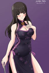 Rule 34 | 1girl, artist name, black dress, black eyes, black hair, blunt bangs, blush, breasts, china dress, chinese clothes, cleavage, cleavage cutout, closed mouth, clothing cutout, cowboy shot, dated, dress, floral print, folded fan, folding fan, girls und panzer, hand fan, hand on own chest, high collar, holding, holding fan, jewelry, lace-up, large breasts, long hair, looking at viewer, matsui yasutsugu, nishizumi shiho, print dress, purple background, ring, side-tie dress, side slit, signature, simple background, sleeveless, sleeveless dress, smile, solo, standing, straight hair, wedding band