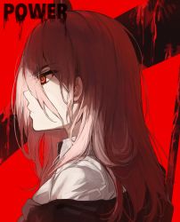 Rule 34 | 1girl, absurdres, chainsaw man, character name, closed mouth, cross-shaped pupils, from side, hair between eyes, highres, huge filesize, kanniiepan, long hair, pink hair, portrait, power (chainsaw man), red background, red eyes, shirt, solo, symbol-shaped pupils, white shirt