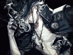 Rule 34 | 1boy, bare pectorals, bishounen, black background, black coat, black hat, black theme, cigarette, cigarette pack, coat, edmond dantes (fate), edmond dantes (monte cristo selection) (fate), epaulettes, expressionless, fate/grand order, fate (series), fedora, hat, highres, holding, holding cigarette, jacket, jacket on shoulders, jewelry, koshika rina, looking at viewer, male focus, messy hair, necklace, pectorals, scar, smoke, smoking, solo, white hair, yellow eyes
