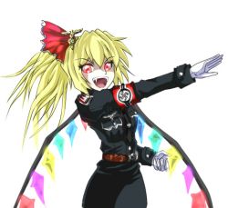 Rule 34 | 1girl, blonde hair, commentary request, crystal, fangs, flandre scarlet, gloves, glowing, glowing eyes, hair between eyes, hair ribbon, junkei, looking at viewer, nazi, one side up, open mouth, red eyes, red ribbon, ribbon, short hair, simple background, solo, swastika, teeth, touhou, uniform, upper teeth only, v-shaped eyebrows, white background, white gloves, wings