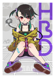 Rule 34 | 1girl, alternate costume, alternate hairstyle, asymmetrical hair, bandaid, bandaid on leg, black choker, black hair, black overalls, blue hair, blush, border, choker, closed mouth, collarbone, commentary, dated, demon girl, demon horns, demon tail, eye of providence, eyes visible through hair, fang, fang out, flat chest, full body, grey background, hair between eyes, happy birthday, highres, horns, jacket, long sleeves, looking at viewer, medium bangs, multicolored hair, nanashi inc., off shoulder, one side up, overalls, pointy ears, purple footwear, red eyes, shigeohji, shishio chris, shoes, short hair with long locks, sidelocks, sitting, sneakers, solo, tail, two-tone hair, virtual youtuber, white border, yellow jacket