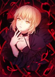 Rule 34 | 1girl, ahoge, artoria pendragon (all), artoria pendragon (fate), bad id, bad pixiv id, bandages, black choker, black dress, blonde hair, braid, breasts, choker, cleavage, dress, fate/stay night, fate (series), from above, gothic lolita, halterneck, heaven&#039;s feel, highres, honotai, lolita fashion, long sleeves, looking at viewer, medium breasts, parted lips, puffy long sleeves, puffy sleeves, saber alter, solo, wide sleeves, yellow eyes