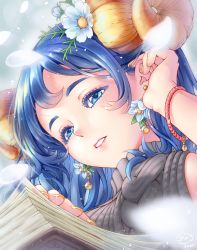 Rule 34 | 1girl, 2020, absurdres, animal crossing, blue eyes, blue hair, book, bracelet, colored eyelashes, curled horns, curly hair, earrings, eunice (animal crossing), eyelashes, fingernails, flower, flower earrings, glint, grey sweater, hair flower, hair ornament, highres, horns, jewelry, lck8095, lips, long hair, nail polish, nintendo, open book, parted lips, personification, petals, pink lips, sheep horns, signature, sleeveless, sleeveless sweater, solo, sparkle, sweater, turtleneck, turtleneck sweater, upper body, white flower, yellow horns, yellow nails