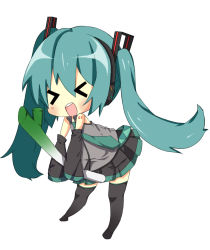 Rule 34 | &gt; &lt;, 1girl, aqua hair, chibi, closed eyes, detached sleeves, female focus, full body, hatsune miku, highres, long hair, necktie, nobuyuki (mikitantan), simple background, skirt, solo, spring onion, thighhighs, twintails, very long hair, vocaloid, white background