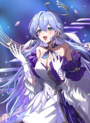 Rule 34 | 1girl, aqua eyes, asymmetrical gloves, bare shoulders, bracelet, breasts, cleavage, detached sleeves, dress, earrings, facial mark, feather boa, geco gecko, gloves, hair between eyes, halo, hand on own chest, head wings, highres, honkai: star rail, honkai (series), jewelry, long hair, looking up, musical note, open mouth, purple dress, robin (honkai: star rail), short sleeves, single earring, smile, solo, standing, teeth, two-tone dress, uneven gloves, upper teeth only, white dress, white gloves, white wings, wings