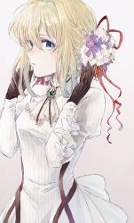Rule 34 | 1girl, arms up, blonde hair, blue eyes, breasts, brooch, brown gloves, collared dress, commentary request, dress, flower, frilled sleeves, frills, gloves, grey background, hair between eyes, hair flower, hair ornament, hair over eyes, hair ribbon, highres, jewelry, lips, long dress, long hair, long sleeves, looking at viewer, miharuko (kopera), neckerchief, no jacket, parted lips, puffy long sleeves, puffy sleeves, purple flower, red ribbon, ribbon, sidelocks, simple background, solo, violet evergarden, violet evergarden (series), white dress, white neckerchief