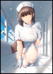Rule 34 | 1girl, :&gt;, absurdres, black border, blue sky, border, breasts, brown hair, closed mouth, day, full body, gloves, hat, highres, kneeling, looking at viewer, medium breasts, naidong (artist), nurse, nurse cap, original, pantyhose, sky, smile, solo, thighs, white gloves