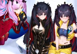 Rule 34 | 3girls, bandeau, bare shoulders, belt, black bodysuit, black hair, blue bandeau, blue hair, blush, bodysuit, breasts, can, cloak, crescent, crescent facial mark, cropped vest, drink can, drinking, earrings, facial mark, fate/grand order, fate (series), fingerless gloves, forehead mark, fur-trimmed cloak, fur trim, gloves, grey eyes, hair ribbon, highres, hoop earrings, horns, ishtar (fate), jewelry, katana, long hair, long sleeves, looking at viewer, medium breasts, multicolored hair, multiple girls, multiple persona, navel, ninoude (ninoude44), pink hair, red bodysuit, red cloak, red eyes, red hair, ribbon, short shorts, shorts, sitting, smile, soda can, space ishtar (fate), space ishtar (first ascension) (fate), space ishtar (second ascension) (fate), space ishtar (third ascension) (fate), star-shaped pupils, star (symbol), sword, symbol-shaped pupils, tiara, two-tone hair, two side up, vest, weapon, yellow eyes, yellow gloves, yellow shorts, yellow vest