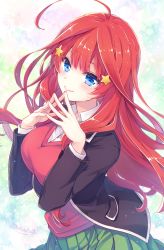 Rule 34 | 1girl, ahoge, black jacket, blazer, blue eyes, blush, breasts, closed mouth, collared shirt, commentary request, cowboy shot, fingers together, go-toubun no hanayome, green skirt, hair ornament, highres, jacket, kousetsu, long hair, long sleeves, looking at viewer, medium breasts, multicolored background, nakano itsuki, open clothes, open jacket, pleated skirt, red hair, school uniform, shirt, signature, skirt, smile, solo, star (symbol), star hair ornament, sweater vest, very long hair