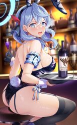 Rule 34 | 1girl, ako (blue archive), alternate costume, animal ears, armband, ass, backless leotard, bar (place), bare arms, bare back, bare shoulders, black garter straps, black gloves, black leotard, black ribbon, black thighhighs, blue archive, blue armband, blue eyes, blue hair, blurry, blurry background, bottle, breasts, champagne flute, crossed bangs, cup, drinking glass, earrings, emanon123, fake animal ears, fake tail, feet out of frame, floating hair, from side, garter straps, glint, gloves, hair between eyes, hair ribbon, half gloves, halo, hands up, highleg, highleg leotard, holding, holding cup, holding tray, indoors, jewelry, large breasts, leotard, looking at viewer, medium hair, on stool, open mouth, over-kneehighs, rabbit ears, ribbon, shiny skin, side-tie leotard, sideboob, sidelocks, sitting, strapless, strapless leotard, stud earrings, tail, thighhighs, thighs, tray, v-shaped eyebrows, white wrist cuffs, wine bottle, wine glass, wrist cuffs