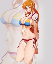 Rule 34 | 1girl, arms behind back, bangle, bare shoulders, bikini, bracelet, breasts, cleavage, closed mouth, cowboy shot, cropped legs, earrings, halterneck, highres, jewelry, large breasts, light blush, long hair, looking at viewer, multicolored bikini, multicolored clothes, nami (one piece), navel, official alternate costume, one piece, one piece film: z, orange eyes, orange hair, pearl earrings, shoulder tattoo, side-tie bikini bottom, single sidelock, siokosho kinoko, smile, solo, stomach, striped bikini, striped clothes, swimsuit, tattoo