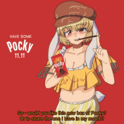 Rule 34 | 1990s (style), 1girl, animal ears, blush, box, breasts, brown hat, buck teeth, cabbie hat, cleavage, commentary, cowboy shot, crop top, english commentary, english text, floppy ears, food, food in mouth, frilled shirt, frills, hair between eyes, hat, highres, holding, holding box, index finger raised, looking at viewer, medium bangs, medium breasts, midriff, navel, open mouth, pocky, pocky day, pocky in mouth, rabbit ears, rabbit girl, rabbit tail, red background, retro artstyle, ringo (touhou), shirt, short hair, short sleeves, shorts, simple background, smile, solo, step arts, subtitled, tail, teeth, touhou, yellow shirt, yellow shorts