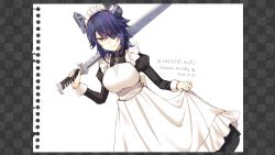 Rule 34 | 1girl, alternate costume, blush, breasts, brown eyes, closed mouth, eyepatch, hair over one eye, holding, holding sword, holding weapon, kantai collection, kotobuki (momoko factory), large breasts, long sleeves, looking at viewer, maid, maid headdress, messy hair, purple hair, short hair, smile, solo, sword, tenryuu (kancolle), translation request, weapon