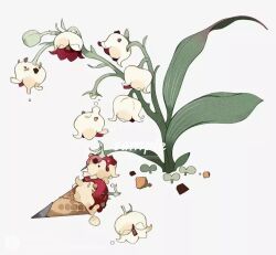 Rule 34 | flower, flower focus, food, food focus, ice cream, ice cream cone, leaf, lily of the valley, maobing maobing, no humans, original, plant, red flower, rock, sample watermark, sprinkles, sprout, strawberry syrup, watermark, white background, white flower