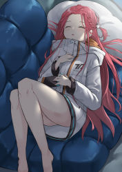 Rule 34 | 0shino, 1girl, ass, barefoot, blue archive, blush, braid, closed eyes, forehead, highres, hood, hood down, hooded jacket, jacket, knees up, long hair, long sleeves, lying, on back, parted lips, red hair, solo, very long hair, white jacket, yuzu (blue archive)