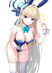 Rule 34 | 1girl, animal ear hairband, animal ears, bare arms, bare shoulders, bent over, blonde hair, blue archive, blue eyes, blue hairband, blue leotard, bow, bowtie, braid, breasts, cleavage, covered navel, detached collar, earrings, fake animal ears, gluteal fold, hair bow, hairband, halo, hand up, highleg, highleg leotard, jewelry, leotard, leotard pull, long hair, looking at viewer, medium breasts, official alternate costume, pensuke, pulling own clothes, rabbit ear hairband, rabbit ears, simple background, skindentation, solo, standing, strapless, strapless leotard, stud earrings, thighhighs, thighs, toki (blue archive), toki (bunny) (blue archive), v, very long hair, white background, white thighhighs, wrist cuffs