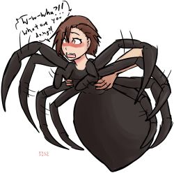 Rule 34 | 1girl, arthropod girl, artist name, blush, brown hair, bug, carapace, disembodied hand, english text, highres, insect girl, monster girl, multiple legs, orange eyes, original, short hair, simple background, solo focus, spider, spider girl, struggling, white background, xxxx52
