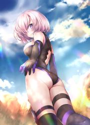 Rule 34 | 1girl, absurdres, ass, back cutout, bare shoulders, black leotard, black thighhighs, blue sky, blush, breasts, closed mouth, clothing cutout, day, elbow gloves, fate/grand order, fate (series), gloves, hair over one eye, hane yuki, highleg, highleg leotard, highres, large breasts, leotard, light purple hair, looking at viewer, looking back, mash kyrielight, purple eyes, purple gloves, short hair, sky, smile, solo, thigh strap, thighhighs, thighs