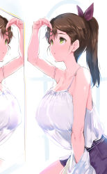 Rule 34 | 1girl, bad id, bad pixiv id, bare shoulders, blue skirt, bow, breasts, brown hair, camisole, cleavage, collarbone, commentary request, green eyes, hair bow, highres, large breasts, long hair, mirror, murakumo (senran kagura), parted lips, ponytail, reflection, see-through, senran kagura, skirt, solo, tented shirt, white camisole, window, yaegashi nan