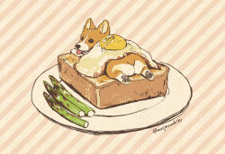 Rule 34 | animal focus, asparagus, bread slice, dog, egg (food), food, food focus, fried egg, fried egg on toast, looking back, mojacookie, no humans, striped, striped background, toast, tongue, tongue out, twitter username, welsh corgi