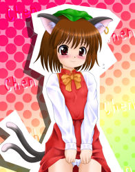 Rule 34 | 1girl, animal ears, aoi kanan, blush, bonnet, bow, bowtie, brown hair, cat ears, cat girl, cat tail, chen, clothes lift, dress, dress lift, earrings, female focus, hat, jewelry, multiple tails, panties, solo, tail, touhou, twintails, underwear