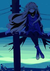 Rule 34 | 1girl, arm support, bell, black eyes, black leggings, black wings, blue coat, blue footwear, blue sky, boots, buttons, coat, colored inner hair, crossed legs, crying, crying with eyes open, dinner bell (vocaloid), floating hair, glowing, glowing eyes, green sky, grey hair, hair bell, hair ornament, highres, himitsu onigiri, jaggy lines, jingle bell, leaning to the side, leggings, long hair, long sleeves, looking at viewer, low wings, mountainous horizon, multicolored hair, multicolored sky, muted color, neck bell, on top of pole, open mouth, power lines, raised eyebrows, sitting, sky, solo, star (sky), starry hair, starry sky, tareme, tears, utility pole, very long hair, vocaloid, wings, yellow pupils