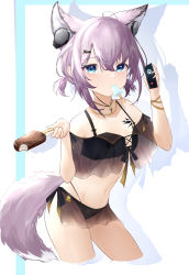Rule 34 | 1girl, absurdres, animal ear fluff, animal ears, arknights, bikini, black bikini, blue eyes, cowboy shot, earphones, food, fox ears, fox girl, fox tail, hair ornament, hairclip, highres, holding, holding food, ice cream, jewelry, looking at viewer, material growth, mouth hold, navel, necklace, off-shoulder bikini, off shoulder, official alternate costume, oripathy lesion (arknights), popsicle, purple hair, qing cheng ran, short hair, solo, sussurro (arknights), sussurro (summer flower) (arknights), swimsuit, tail