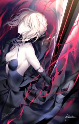 Rule 34 | 1girl, ahoge, artoria pendragon (all), artoria pendragon (fate), bare shoulders, black dress, black gloves, black ribbon, blonde hair, braid, breasts, cleavage, closed mouth, commentary request, dress, elbow gloves, excalibur morgan (fate), fate/stay night, fate (series), french braid, gloves, kousaki rui, long hair, looking at viewer, ribbon, saber alter, small breasts, solo, sword, weapon, yellow eyes