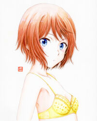 Rule 34 | 1girl, armpits, artist name, blue eyes, blush, bra, breasts, brown hair, close-up, closed mouth, collarbone, commentary, dated commentary, expressionless, kinuhata saiai, lace, lace-trimmed bra, lace trim, light blush, lingerie, looking at viewer, looking to the side, painting (medium), portrait, red hair, short hair, signature, simple background, small breasts, solo, toaru kagaku no railgun, toaru majutsu no index, traditional media, underwear, underwear only, upper body, watercolor (medium), white background, y takeshinu wan, yellow bra