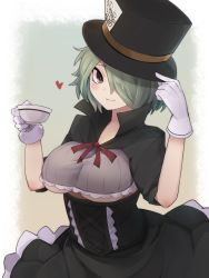 Rule 34 | 1girl, black hat, black souls, breasts, brown eyes, commentary request, cup, gloves, green hair, hand on headwear, hand on own head, hat, hatter (black souls), heart, highres, holding, holding cup, large breasts, looking at viewer, one eye covered, short hair, simple background, smile, solo, top hat, underboob, white gloves, yonaga san