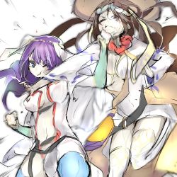 Rule 34 | 2girls, bad id, bad twitter id, breasts, brown hair, cleavage, crosscounter, face punch, fate/grand order, fate (series), fighting, in the face, macaroni tamago, martha (fate), motion blur, multiple girls, navel, punching, purple hair, thighhighs, xuangzang sanzang (fate)