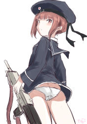 Rule 34 | 1girl, ass, black dress, black hat, black sailor collar, brown eyes, brown hair, butt crack, commentary request, cowboy shot, dress, from behind, fuji (pixiv24804665), gun, hat, highres, kantai collection, looking at viewer, looking back, panties, rifle, sailor collar, sailor dress, sailor hat, short hair, simple background, solo, underwear, weapon, white background, white panties, z3 max schultz (kancolle)