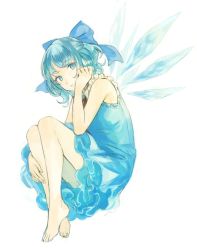 Rule 34 | 1girl, asawa (dm owr), bad id, bad twitter id, bare arms, barefoot, blue dress, blue eyes, blue hair, bow, cirno, dress, expressionless, eyebrows, frills, from side, full body, hair bow, hand in own hair, hand up, hugging own legs, ice, ice wings, knees up, looking at viewer, matching hair/eyes, petticoat, short hair, simple background, sleeveless, sleeveless dress, solo, touhou, white background, wings