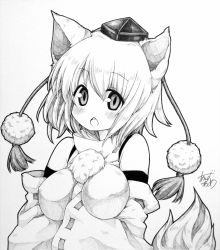 Rule 34 | 1girl, animal ears, anzu ame, arm between breasts, bare shoulders, between breasts, blush, breast hold, breasts, detached sleeves, covered erect nipples, female focus, graphite (medium), greyscale, hat, highres, impossible clothes, impossible shirt, inubashiri momiji, large breasts, looking at viewer, millipen (medium), monochrome, open mouth, shikishi, shirt, short hair, signature, solo, tail, tokin hat, touhou, traditional media, upper body, wolf ears, wolf tail