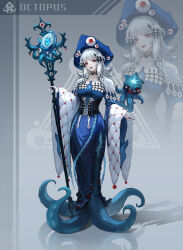Rule 34 | 1girl, absurdres, black collar, black nails, blue dress, blue hat, collar, commentary, corset, cross-shaped pupils, dress, english commentary, english text, facial mark, full body, grey background, hair ornament, hat, highres, holding, holding staff, long hair, looking at viewer, monster girl, octopus, original, parted bangs, qingyuan, red eyes, red lips, reflective floor, scylla, side slit, solo, staff, standing, symbol-shaped pupils, tentacle hair, white hair, wide sleeves, zoom layer