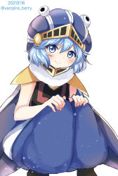 Rule 34 | 1other, androgynous, animal feet, black shirt, blue eyes, blue hair, blue headwear, blue pants, cape, closed mouth, commentary request, dated, detached collar, eyelashes, full body, gold collar, hands on own knees, helmet, highres, len&#039;en, light blush, looking at viewer, moritake medias, ougi hina, pants, puffy pants, shirt, short hair, sleeveless, sleeveless shirt, smile, solo, squatting, twitter username, white background, white cape