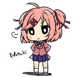 Rule 34 | &gt;:&lt;, 1girl, :&lt;, arms behind back, bad id, bad twitter id, blazer, blue skirt, blush stickers, character name, chibi, chromatic aberration, doki doki literature club, full body, hair ribbon, jacket, minamiya mia, natsuki (doki doki literature club), pink hair, pleated skirt, red ribbon, ribbon, school uniform, short hair, short twintails, skirt, solo, twintails, two side up, v-shaped eyebrows, white legwear