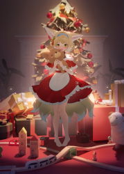 Rule 34 | 1girl, absurdres, animal ears, apron, arknights, barefoot, bell, blonde hair, blush, box, braid, braided hair rings, capelet, christmas, christmas ornaments, christmas tree, christmas tree hair ornament, dingding (chongsangjun), dress, fang, fox ears, fox girl, fox tail, frilled dress, frills, full body, fur-trimmed capelet, fur trim, gift, gift box, green eyes, hair bell, hair ornament, hair rings, highres, hugging object, indoors, infection monitor (arknights), jingle bell, kitsune, looking at viewer, material growth, multicolored hair, open mouth, oripathy lesion (arknights), pantyhose, pigeon-toed, red capelet, red dress, santa costume, short hair, single wrist cuff, solo, standing, stuffed animal, stuffed toy, suzuran (arknights), tail, twin braids, two-tone hair, waist apron, white apron, white hair, wrist cuffs