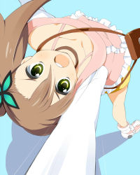 Rule 34 | 1girl, :o, bag, blue background, brown hair, butterfly hair ornament, choker, chousoku henkei gyrozetter, collarbone, green eyes, hair ornament, highres, inaba rinne, long hair, looking at viewer, open mouth, shoulder bag, side ponytail, solo, upside-down, wara (warapro)