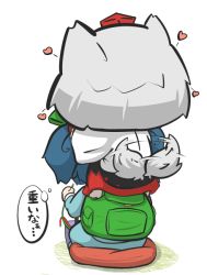 Rule 34 | 2girls, animal ears, backpack, bad id, bad pixiv id, bag, blue hair, chibi, chibi on head, commentary request, hat, heart, inubashiri momiji, inunoko., kawashiro nitori, long sleeves, multiple girls, on head, pillow, shirt, silver hair, sitting, skirt, tail, tail wagging, tokin hat, touhou, translation request, twintails, two side up, wide sleeves, wolf ears, wolf tail