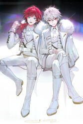 Rule 34 | 2boys, absurdres, anniversary, boots, closed mouth, collared shirt, commentary, crossed legs, english commentary, full body, fur-trimmed jacket, fur trim, gold trim, green eyes, hand up, hands on lap, highres, jacket, jacket on shoulders, knee boots, kuzuha (nijisanji), lauren iroas, long hair, long sleeves, looking at viewer, moko (moko/moko), multicolored background, multiple boys, necktie, nijisanji, open mouth, pants, ponytail, red eyes, red hair, shirt, short hair, sitting, smile, spread legs, vest, virtual youtuber, white footwear, white hair, white jacket, white necktie, white pants, white shirt, white vest